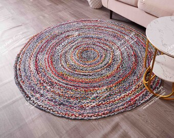 Indian Handmade Chindi Cotton Jute Rug, Bedside Round Rug, Circle Rug, New Home Gift, Boho Home Decor, Patio Round Rug, Table Round Rug