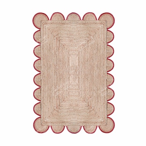 Scalloped Hand Braided Natural Jute Rectangle Rug with Color Border, Area Rug, Custom Size Rug, Bohemian Rug, Decorative rug, Turkish Rug