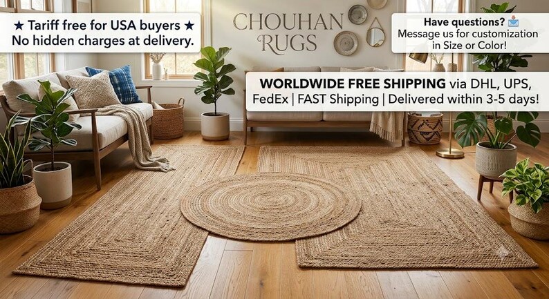 May include: A collection of natural fiber rugs featuring a rectangular runner, a large rectangular rug, and a circular rug, all with a braided texture. The text CHOUHAN RUGS is visible on the wall above a sofa in a room with wooden flooring.