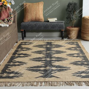 Handgjord kelimmatta i ulljute: Svart och beige Dhurrie, vintage halldekor ulljutematta, stor matta, plattvågig kelimmatta bild 5