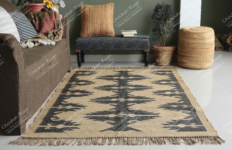 Handgjord kelimmatta i ulljute: Svart och beige Dhurrie, vintage halldekor ulljutematta, stor matta, plattvågig kelimmatta bild 5