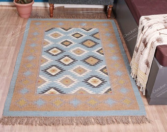 Wool Jute KILIM Rug, Multicolor; Jute Rug wool rug Kilim Dhurrie; traditional Indian; Chic Victorian Hipster, Custom Rugs