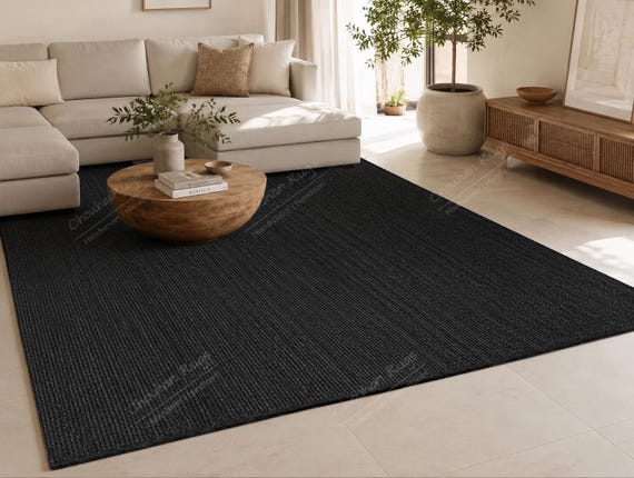 Hand Braided Black Jute Rug/Runner/Doormat, Custom Size Rug, Bohemian Rug, Vintage Area Rug, Floor Rug, Rag Rug, Living Room Decor