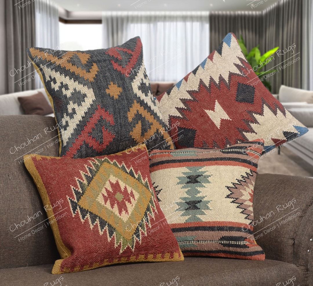Set Di 4 Federe In Iuta Naturale Fatte A Mano – 45x45 Cm, Chiusura Lampo, Decorazione Casa Indiana