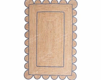 Gegolfd jute vloerkleed, vloerkleed met golvende rand, boho vloerkleed, tapijt van natuurlijke vezels, vloerkleed in landelijke stijl, jute vloerkleed op maat