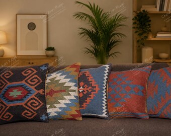 Set of 5 Handwoven Wool Jute Kilim Pillow Covers, 18x18 Inches Vintage Weaving Pattern Throw Cushion Cover for Home Decor
