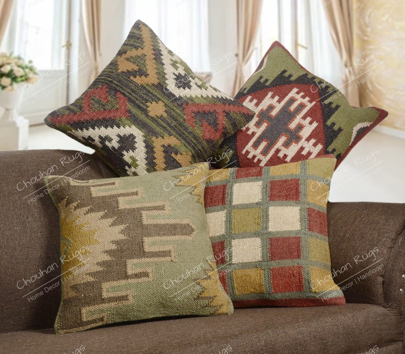 4 set yute Vintage Kilim almohada, decoración del hogar, almohada turca tejida a mano, almohada marroquí, almohada de tiro decorativa, cubierta de cojín Kilim, almohada de yute imagen 10