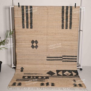 Custom Size Handwoven Natural Cotton Jute Rug With Black Design Jute Dhurrie Rug Vintage Large Area Boho Scandinavian Decor Rug Living Room