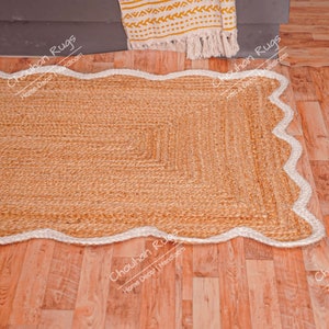 Wavy Edge Scalloped Handmade Natural Jute Braided Runner Rug with White Scallop Border Hallway Runner Rug Boho Decor Runner Custom Rug
