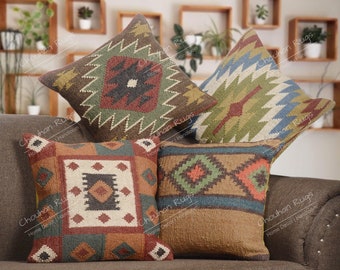 Handmade 45x45cm 4 Set jute cushion covers,Throw Pillow Set,Christmas Gifts,Bohemian Covers,Throw Pillow,Kilim Pillow Cover, Moroccan pillow