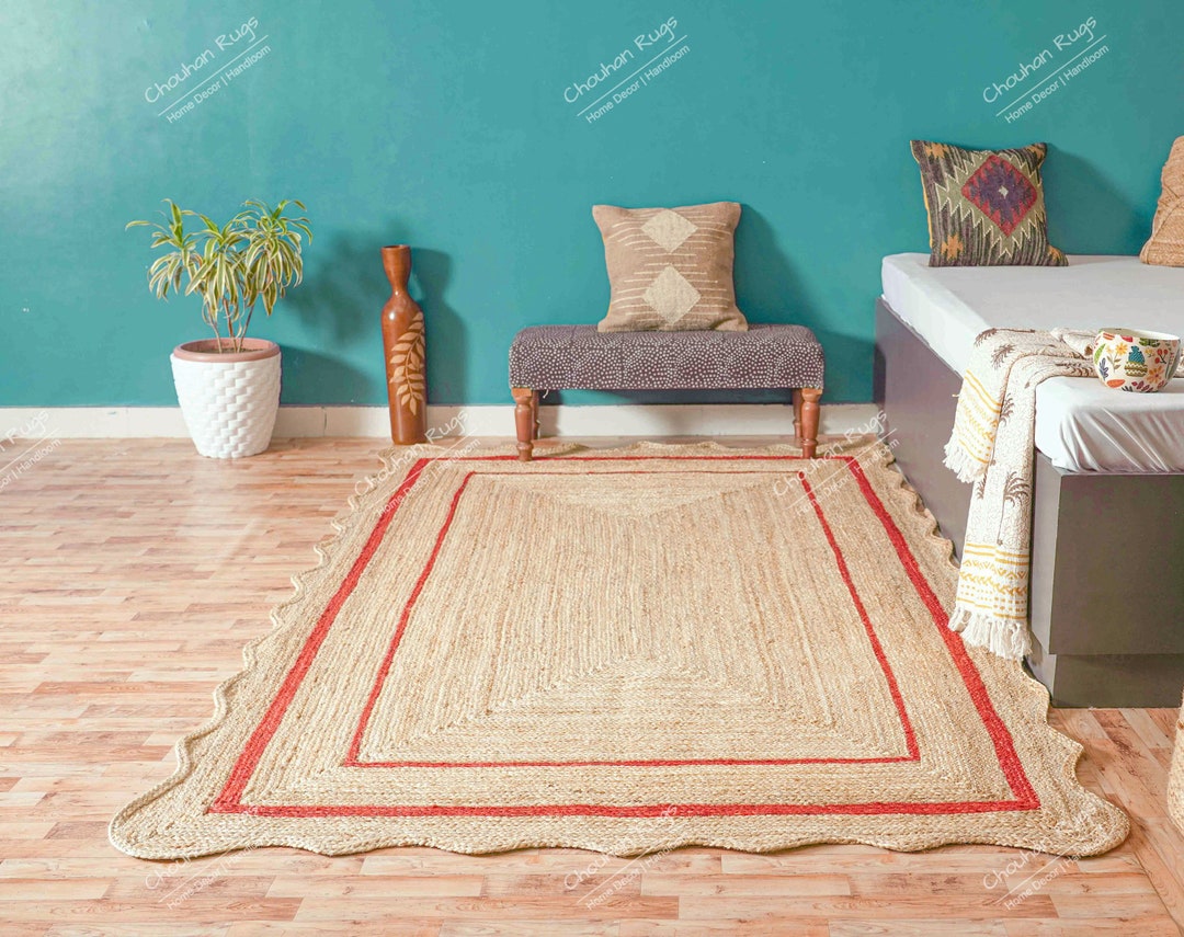 Scalloped Hand Braided Natural Jute Rug With Red Border, Wavy Edge Rug ...