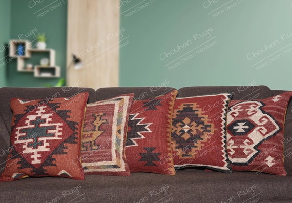 Red Kilim Pattern Throw Pillow Square Decorative Turkish Cotton Woven Cushion 