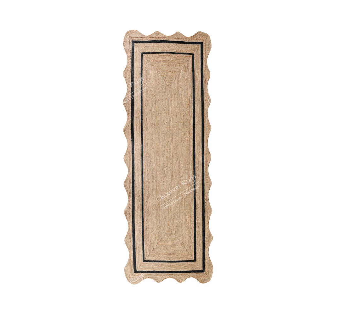 Scalloped Jute Rug With Double Line Border, Han Braided Rug, Jute Area