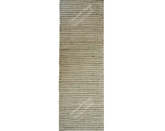 Hand Loomed Jute Hemp Runner Rug: Beige & Green Braided Boho Rug