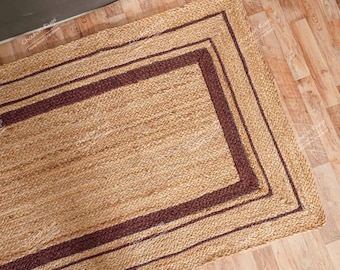 Alfombra india de yute trenzada a mano con borde marrón para decoración de mesita de noche, pasillo o sala de estar.