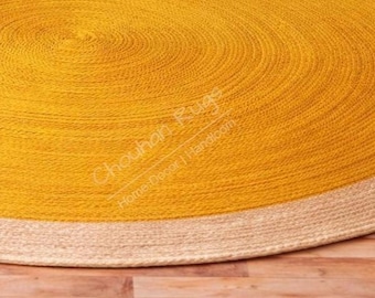 Handmade Yellow Jute Round Rug: Natural Fiber, Braided Border, Yellow Jute Rug With Beige Border for Dining Table, Circular Mat for Yoga