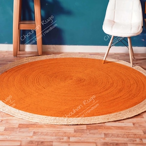 Hand Braided Bohemian Hippie Orange Color Jute Area Rug With Beige Round Rag Rug Home Decor Rugs Shape Circle Design Rugs Floor Decor Rug