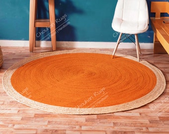 Beautiful Handmade Braided Bohemian Hippie Orange Color Jute Area Rug Round Rag Rug Home Decor Rugs Shape Circle Design Rugs Floor Decor Rug
