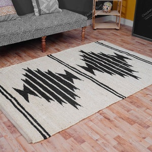 Off White Hemp Rug With Black Design, Custom Size Jute Flatweave Hemp Runner
