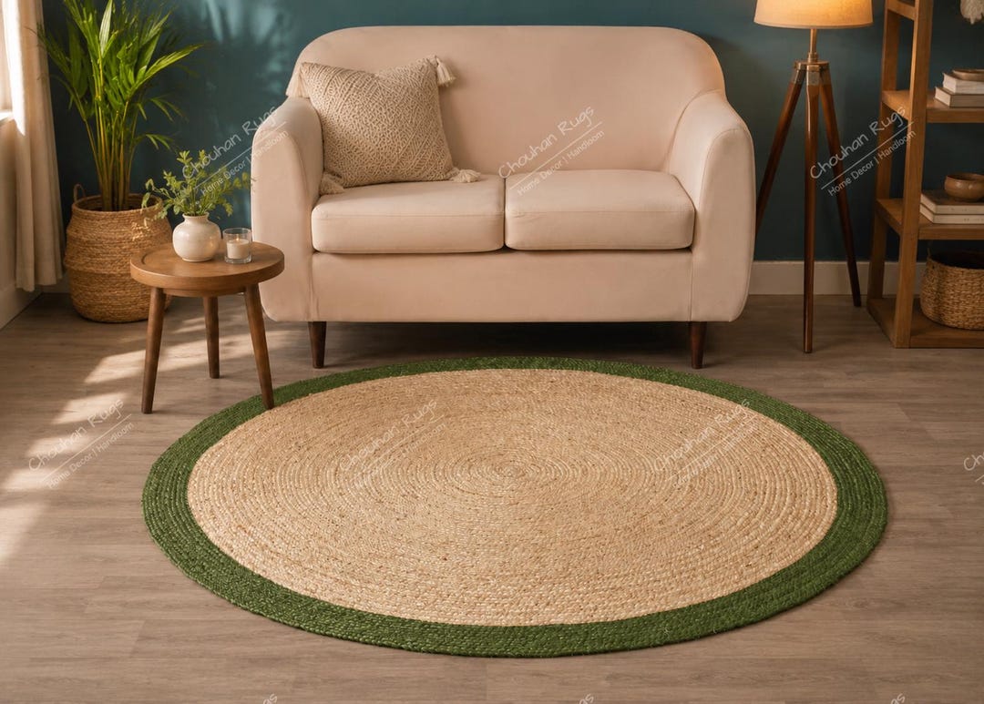 Handmade Jute Braided Round Rug With Dark Green Border, Modern