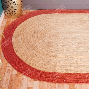 Handmade Braided Natural Jute Oval Rug with Red Border, Custom Size Rug, Home and Living Decor Rug,
