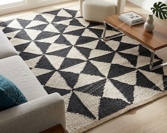 Handloomed Hemp Jute Rug Off-White with Black Design, Boho Hallway Decor Hemp Jute Runner, Custom Size Hemp Carpet, Thanksgiving Gift