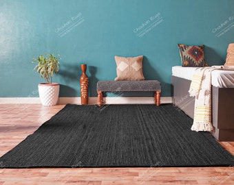 Handgeflochtener Jute-Teppich in Schwarz, Beige und Grau, individuelle Größe, rechteckiger Teppich, Weihnachtsgeschenk, indischer handgefertigter Teppich, Heimdekoration, marokkanischer Teppich