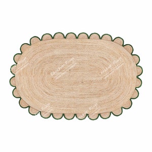 Scalloped Hand Braided Natural Jute Rug With Green Border In Oval/Rectangle Shape Jute Rug Interior Decor Rug Home Decor Rug