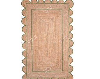 Scalloped Jute Rug Emerald Dark Green Scallop Rug Natural Jute Area Rug Custom Size Rug