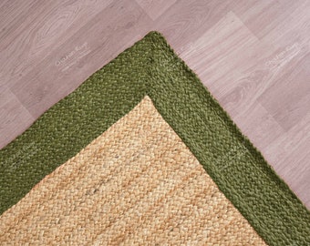 Beige met donkergroene rand Handgemaakt gevlochten jute vloerkleed aangepast formaat vloerkleed boho interieur vloerkleden grote karpetten vintage woonkamertapijten