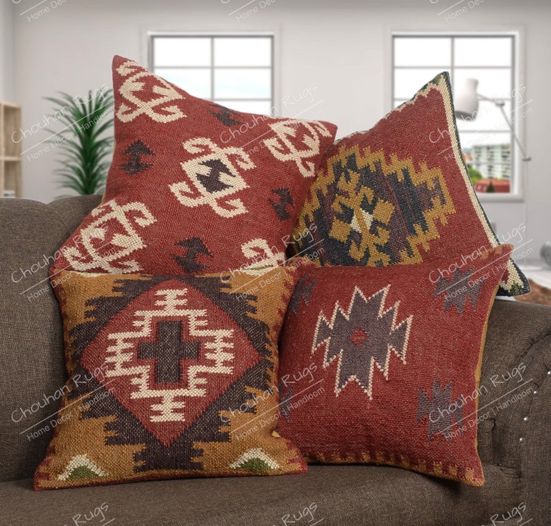 Lot de 4 oreillers en kilim vintage en jute, décoration d'intérieur, oreiller turc tissé à la main, oreiller marocain, coussin décoratif, housse de coussin en kilim, oreiller en jute Style 3