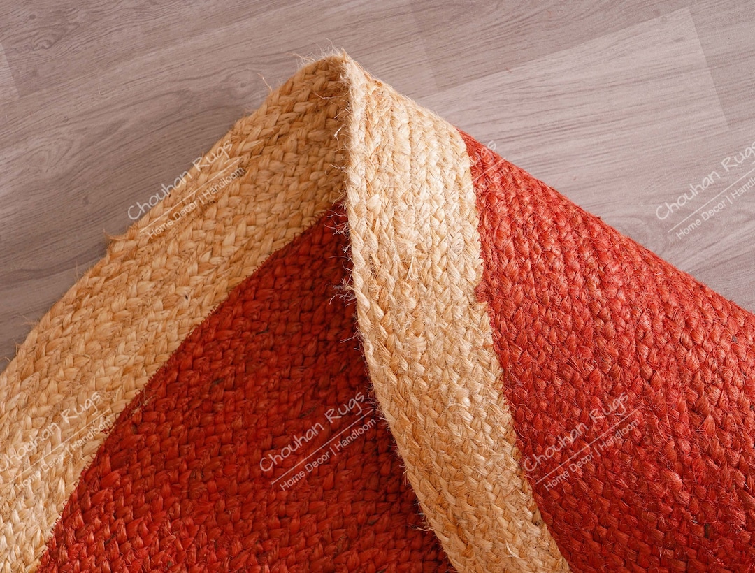 Round Jute Rug Red Handmade Red Jute Braided Round Rug With Beige Border Yoga Mat Boho ...
