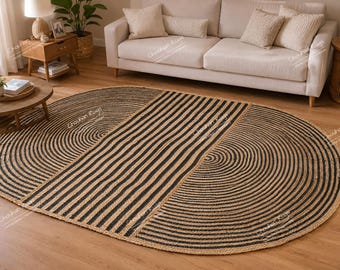 Indian Handmade Natural Jute Braided Oval Rug with Teal and Yellow Stripes Yoga Mat Bohemian Doormat Turkish Rug Living Room Rug Vintage Rug