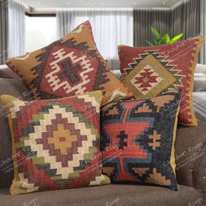 4 set yute Vintage Kilim almohada, decoración del hogar, almohada turca tejida a mano, almohada marroquí, almohada de tiro decorativa, cubierta de cojín Kilim, almohada de yute imagen 7