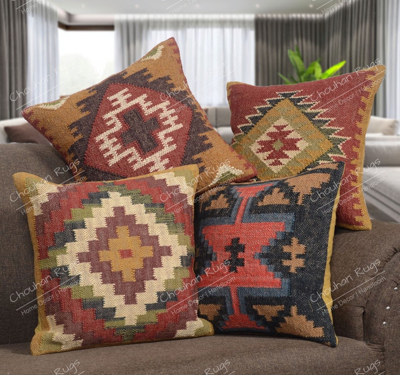 4 set yute Vintage Kilim almohada, decoración del hogar, almohada turca tejida a mano, almohada marroquí, almohada de tiro decorativa, cubierta de cojín Kilim, almohada de yute Set 7