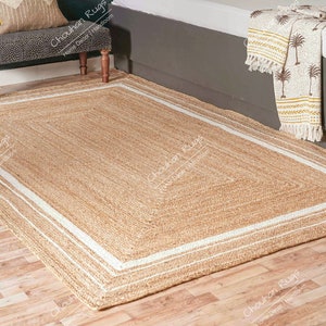 Alfombra trenzada de yute natural hecha a mano con borde blanco, tamaño personalizado, rectangular, grande, decoración del hogar, estilo bohemio.