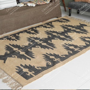 Handgjord kelimmatta i ulljute: Svart och beige Dhurrie, vintage halldekor ulljutematta, stor matta, plattvågig kelimmatta bild 2