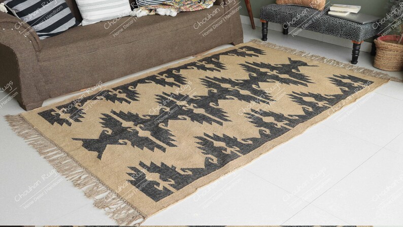 Handgjord kelimmatta i ulljute: Svart och beige Dhurrie, vintage halldekor ulljutematta, stor matta, plattvågig kelimmatta bild 2