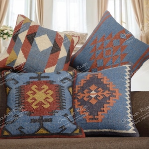 4 set yute Vintage Kilim almohada, decoración del hogar, almohada turca tejida a mano, almohada marroquí, almohada de tiro decorativa, cubierta de cojín Kilim, almohada de yute Set 8