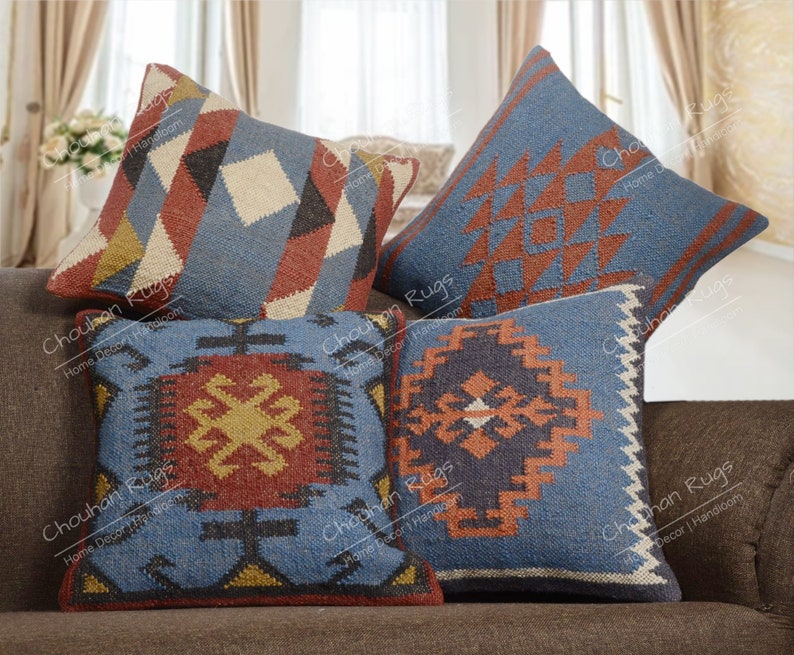 4 Set jute Vintage Kilim Pillow,Home Decor,Handwoven Turkish Pillow,Moroccan Pillow,Decorative Throw Pillow, Kilim Cushion Cover,Jute Pillow Set 8