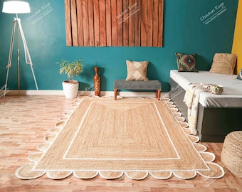 Geflochtener ausgebogter Juteteppich, weißer Jakobsmuschelteppich, Boho-Teppich, Natürlicher Juteteppich, Boho-Teppich,