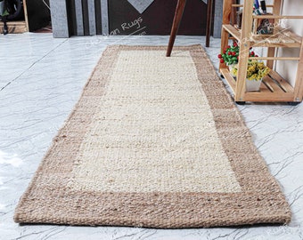 Indian Hand Loom Off White with Beige Border Hemp Jute Runner Rug Yoga Mat Throw Carpet Decorative Rug Stair Decor Runner Custom Size Rug