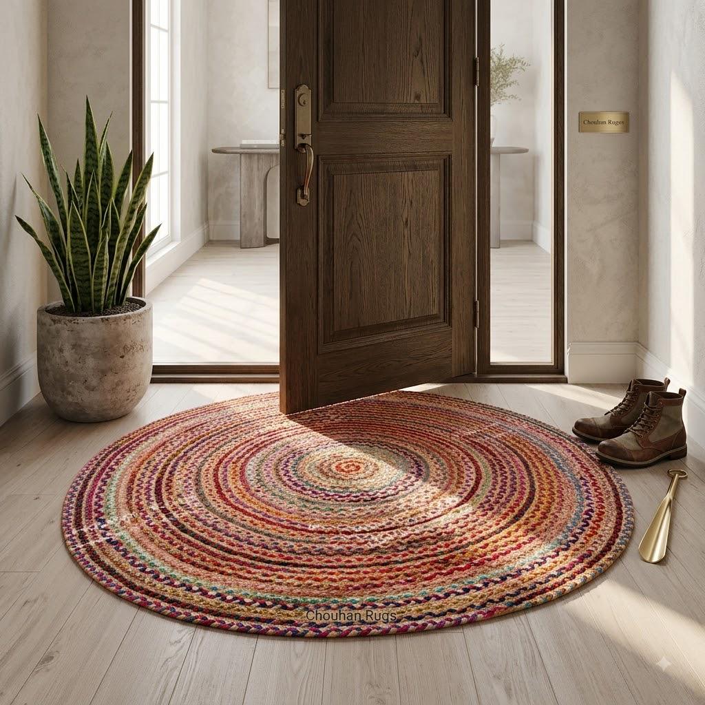 Handmade Jute and Cotton Round Rug: Colorful Vintage Style, Custom