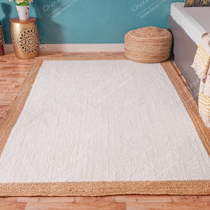 Indian Handmade White Jute Braided Rug with Beige Border Doormat Rug Rectangle Jute Carpet Home Decor Rugs Patio Rug Rugs for Bedroom