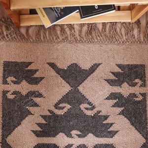 Antique pattern Beige Black Wool Jute Rug Turkish Rug Customized Rug Rag Rug Large Kilim Rug
