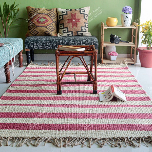 Handwoven Boho Decor Hemp Jute Rug with Stripes Hemp Rug For Home and Living Interior Kitchen Decor Hemp Rug/Runner/Carpet