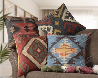 Handmade 45x45cm 4 Set jute cushion covers,Throw Pillow Set,Christmas Gifts,Bohemian Covers,Throw Pillow,Kilim Pillow Cover, Moroccan pillow