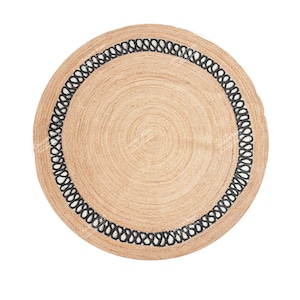 Hand Braided Natural Jute Round Rug With Black Lattice Border Custom Size Rug Christmas Gift Indian Handmade Rug Home Decor Rug Moroccan Rug