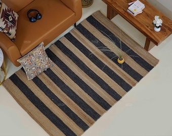 Handwoven Hemp Jute Rug – Eco Friendly Striped Area Rug, Sustainable Natural Home Decor