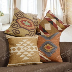 4 Set Jute Vintage Kelim Kissen, Wohnkultur, Handgewebtes türkisches Kissen, marokkanisches Kissen, dekorativer Kissenbezug, Jutekissen